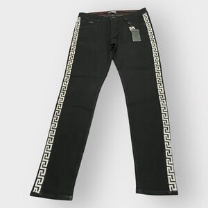 BARABAS Rhinestone Greek Key Pattern Black/Silver Denim Jeans SN8852 Mens 36x32